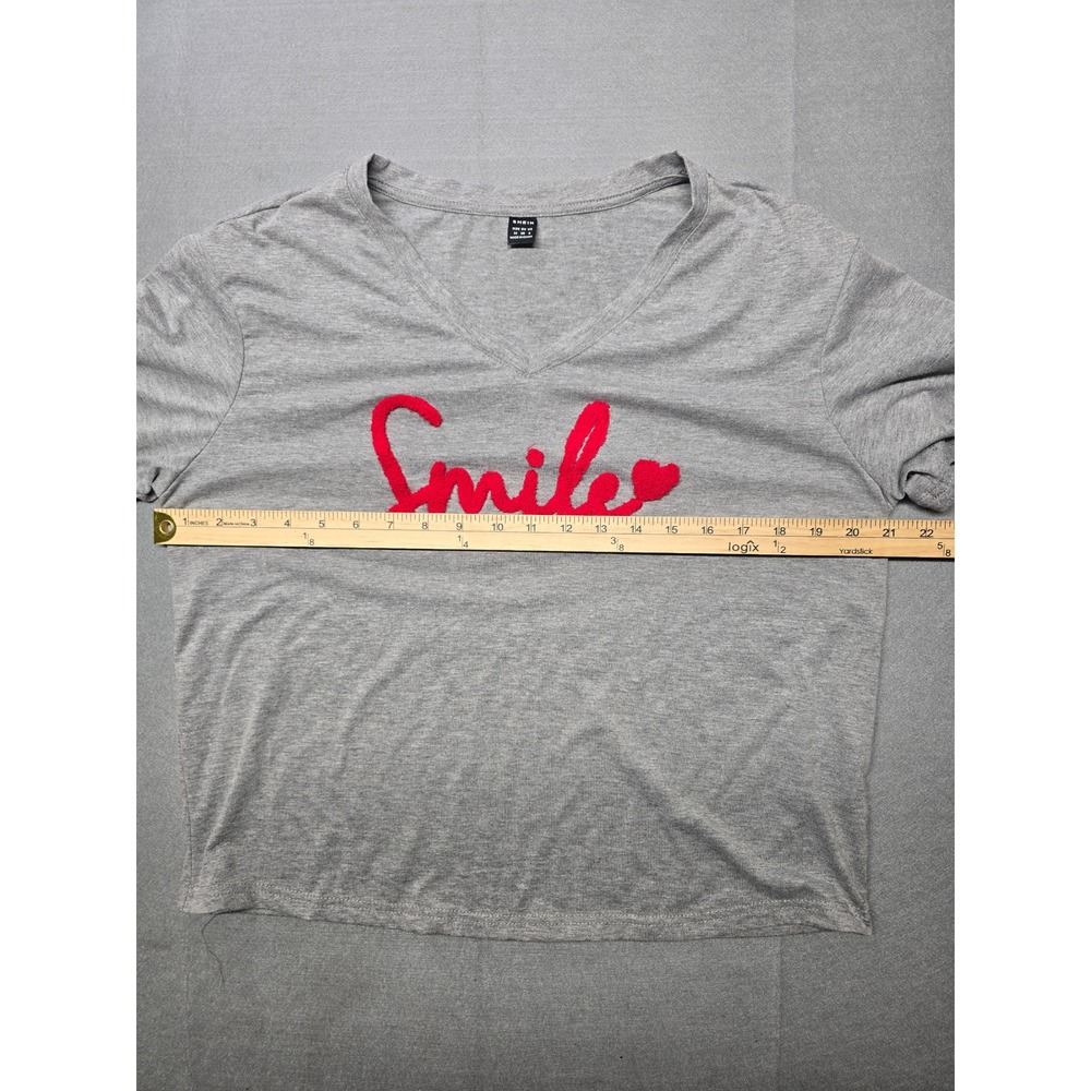 Shein Womens Grey Smile Graphic V-Neck Short Sleeve T-Shirt Size M Medium - Picture 3 of 6